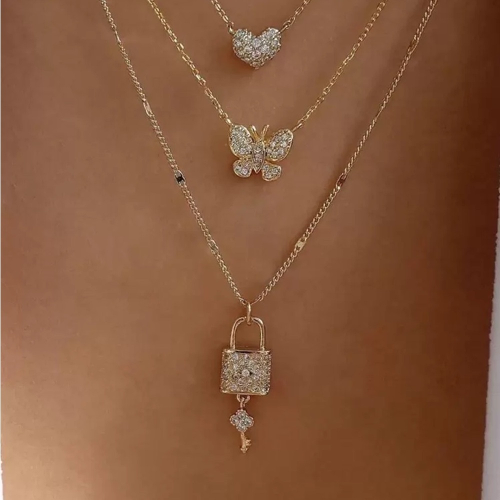 Gold and Silver Layered Necklace Set with Heart Butterfly and Key Pendants